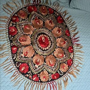 Antique Hungarian Embroidered 36” Handmade Matyo Textile Wall Hanging Tablecloth